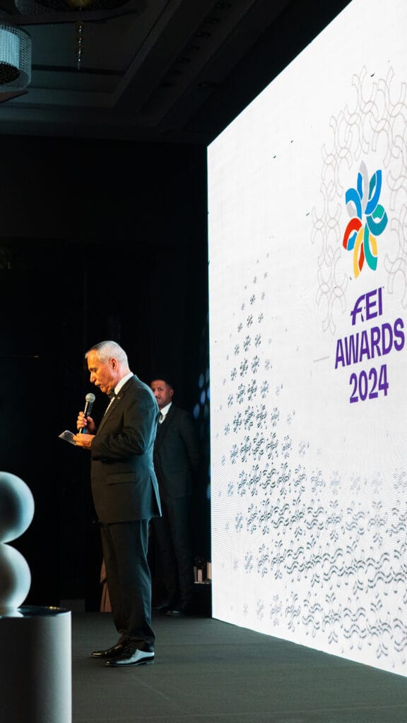 A speaker presenting at the FEI Awards 2024 event, highlighting the image.