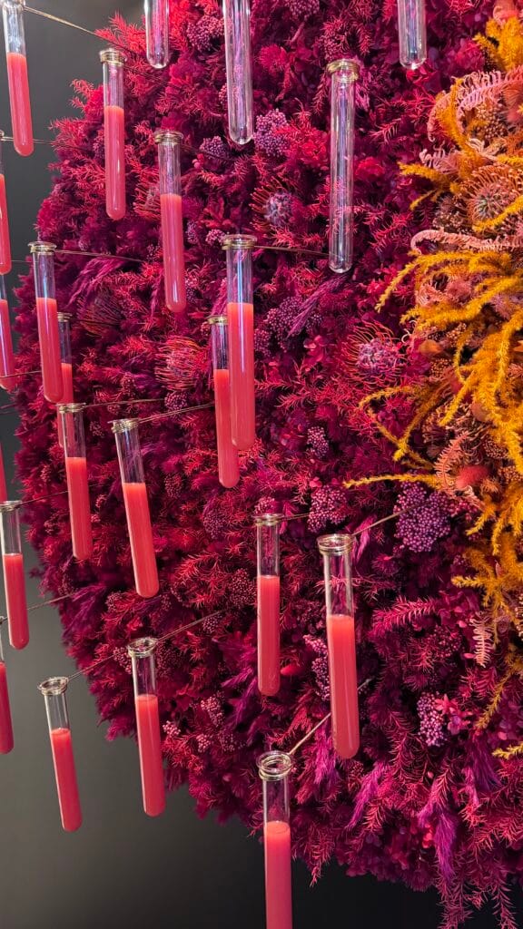 Pink drinks in test tubes.